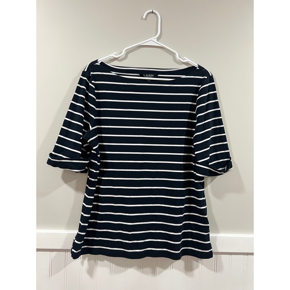Lauren Ralph Lauren Half Sleeve Cuffed Top Stripes Preppy Cotton Women Size XL